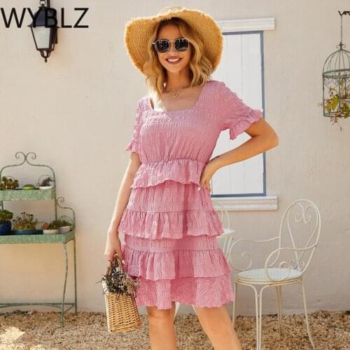 WYBLZ Elegant Ruffled Women Summer Dress High Waist Short Sleeve Solid Female Short Dress A-line Ladies Boho Party Dress 2021