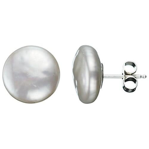 AAA 15-16 mm White Women Gift Wedding Natural Flat Freshwater Coin Pearl Earring with 925 Sterling Silver Sutd