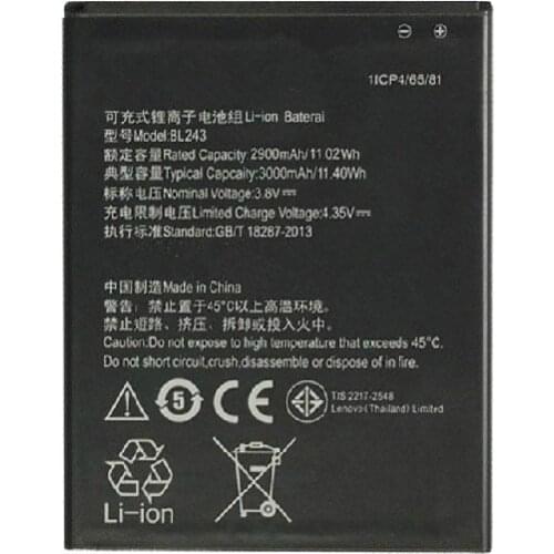 AZK for Lenovo K3 Note Battery 2900mAh Li-ion Battery BL243 Replacement for Lenovo K3 Note K50-T5 Smartphone