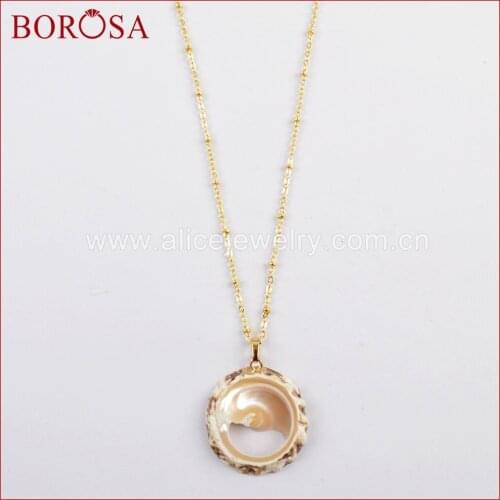 BOROSA 5/10PCS Round Natural Shell Slice Pendant Necklaces with 16inch Gold Color Chains for Women Jewelry G1610-N