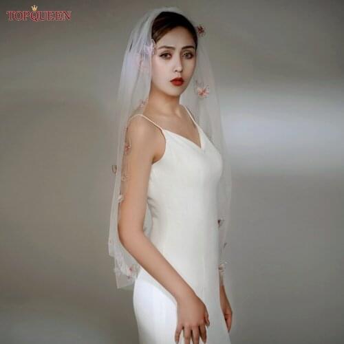 TOPQUEEN V24 Color Veil of the Bride 3D Butterfly Embroidery Pink Bridal Veil Simulation Butterfly Cosplay veil Veu Bride Short