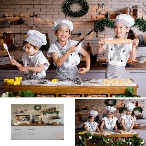 Photography Backdrop Christmas Kitchen Background Wood Cupboard Brick Wall Child Cook Cooking Photo Studio Backdrop Photocall