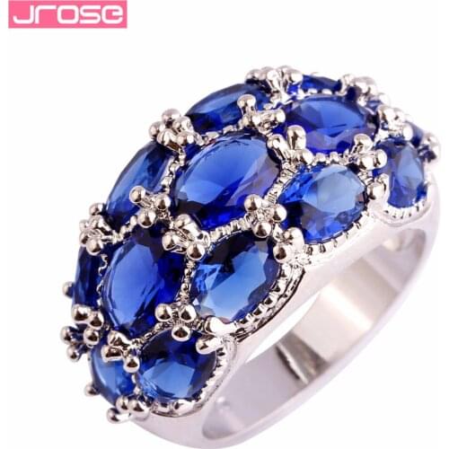 JROSE Wedding Band Denerous Fashion Blue & White CZ Silver Color Ring Size 6 7 8 9 10 11 12 13 Wholesale Gorgeous Jewelry