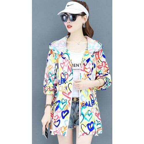 Fashion Elegant Thin Sun-Proof Coat Women 2021 New Summer Sweet Heart Printed Loose Casual Zipper Long Jacket Top Female Clothes
