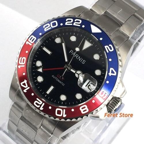 40mm PARNIS black dial Sapphire Crystal GMT Automatic machinery movement luminous mens watches ceramic bezel Mechanical watch