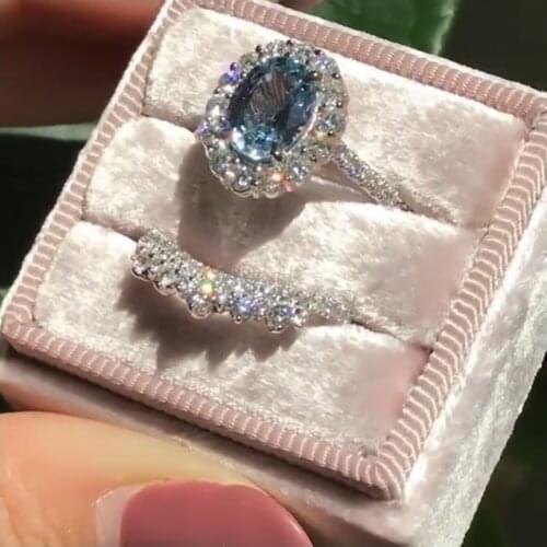 New Trendy Women Rings Set Fashion White/Blue Rhinestones Crystal Wedding Rings for Bridal Jewelry Engagement Ring Gift