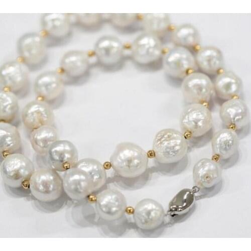 Women Jewelry natural pearl 10x12mm white baroque pearl necklace gold beads Natural freshwater pearl handmade gift 17'' 42cm