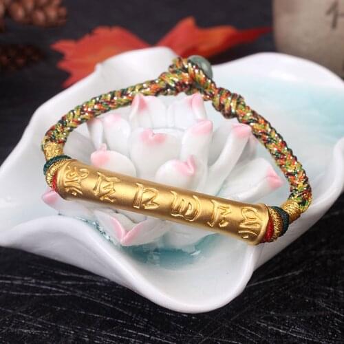 Real 999 24K Yellow Gold Bracelet 3D Luck Six-word Motto Colorful Cord Knitted Bracelet Adjustable / Best Gift