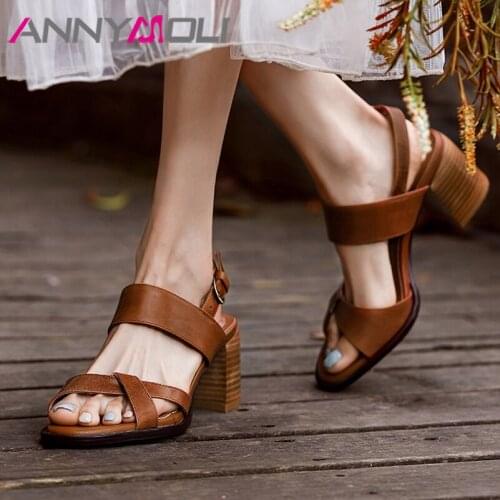 ANNYMOLI Women Shoes Real Leather Sandals High Heel Sandals Buckle Chunky Heel Shoes Square Toe Sheepskin Ladies Footwear Black