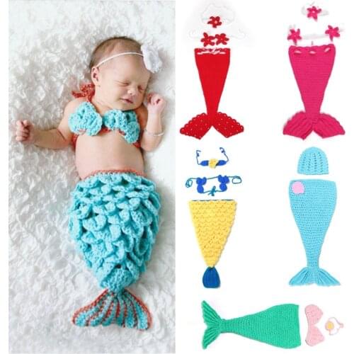 Wool Newborn Clothes Mermaid Costumes Photo Props Baby Receiving Blankets Crochet Infant Sleepsack Baby Swaddling accessories
