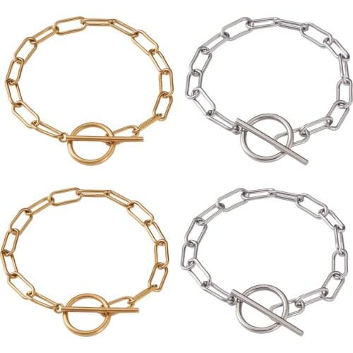 4Pcs Titanium Steel Paperclip Chain Bracelets with Toggle Clasps For DIY Jewelry Making 22.5cm(8-7/8 inches), Link: 16x7x1.5mm
