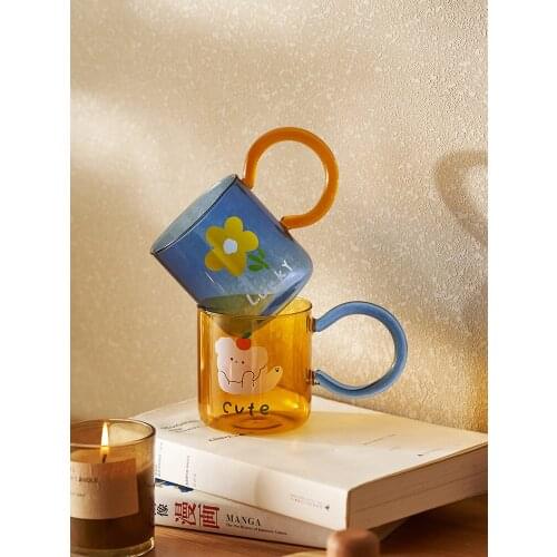 INS Glass Milk Tea Cup Big Handle Transparent Office Water Mug High Borosilicate Heat Resistant Drinkware