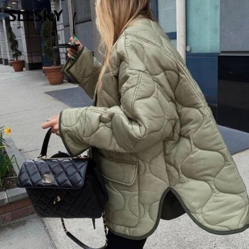 SLLSKY Single Breasted Pocket Women Jackets Winter Lightweight Loose Parkas Oversize Female Coats O-Neck Long Sleeve Outwear