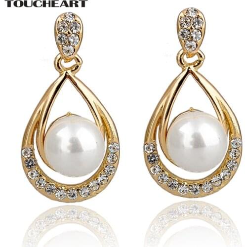 TOUCHEART Charm Gold color Love Pearl Earrings Fashion Jewelry Statement Womens Rhinestone Stud Earrings For Women SER140237
