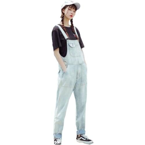 High waist Hip Hop Denim Overalls Ladies Jumpsuit Light color Large size Tooling Sling Trousers More size S-3XL 4XL 5XL