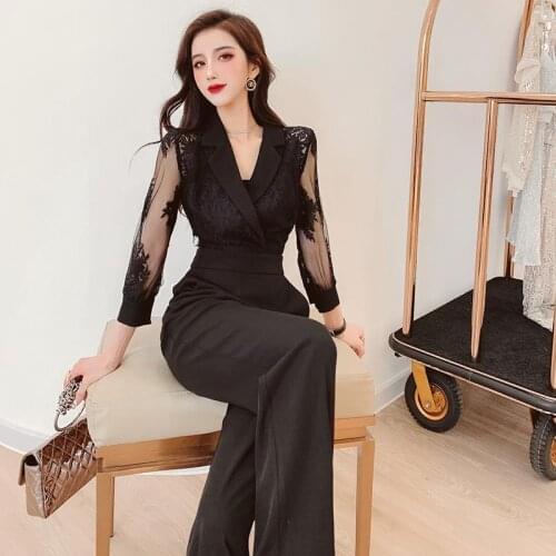 2021 Summer Womens Lace Blazer Jumpsuits Fashion Notched Long Rompers Lady Lace Patchwork High Waist Wide Leg Pants Jumpsuits
