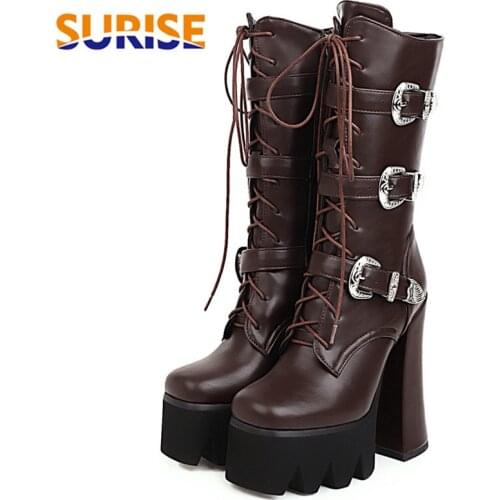 Winter Plush Women Mid-calf Boots Black Super High Chunky Heels Casual Ladies Square Toe Buckle Zipper Motorcycle Platform Boots