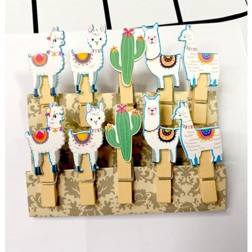 10pcs Funny alpaca wooden creative photo clip tag holder with rope Natural Wooden Clips Paper Photo Clips note memo holder