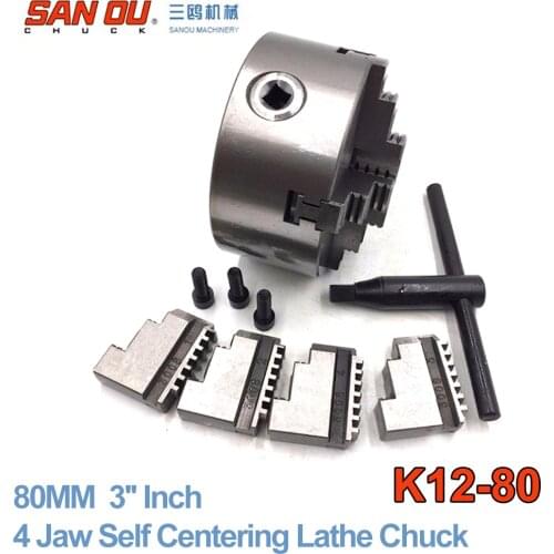 80mm 3'' 4 Jaw Self Centering Lathe Chuck SANOU K12-80 Hardened Reversible Mounting Tool for Drilling Milling woodworking