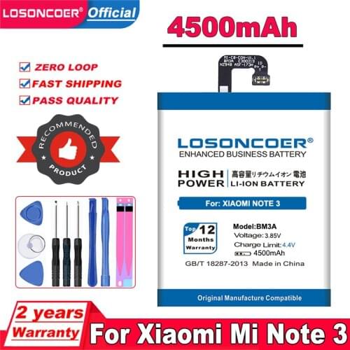 LOSONCOER 4500mAh BM3A Battery for Xiaomi Mi Note 3 Note3 Mobile Phone Battery