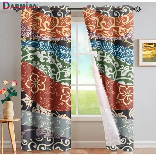 DARMIAN Japanese Traditional Style Fabric Patchwork Window Blackout Curtain Thermal Insulated Grommet Drapes Bedroom Home Decor