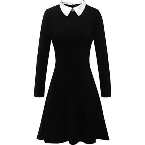 Add new Black Dress Winter Cute Peter School Preppy Style Dresses Long Sleeve Brand White Pan Collar Ladies Office Vestidos