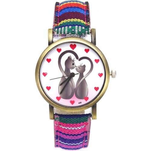 Two Cat Animal Pattern Heart Watches Fashion Casual Men Women Stripes Denim Band Couple Sport Quartz Wrist Watch Gift For Love