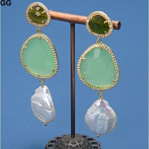 GG Jewelry Natural Cultured White Keshi Pearl Green Crystal Stud Cz Pave Hook Dangle Earrings For Women