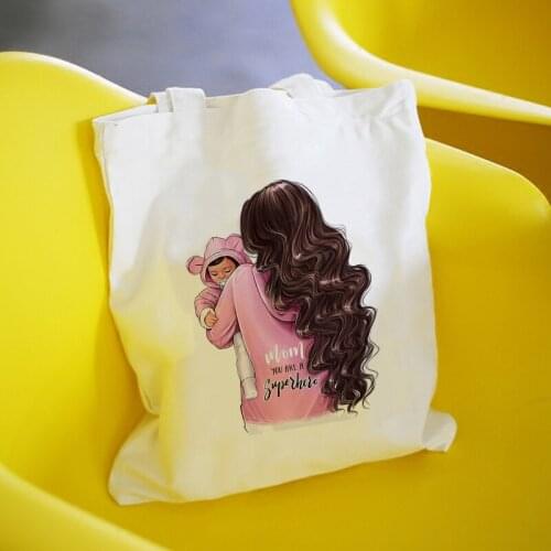 Harajuku Kawaii Super Mom Print Women Canvas Shopping Bag Shoulder Bag Eco Handbag Tote Reusable Grocery Shopper Bags