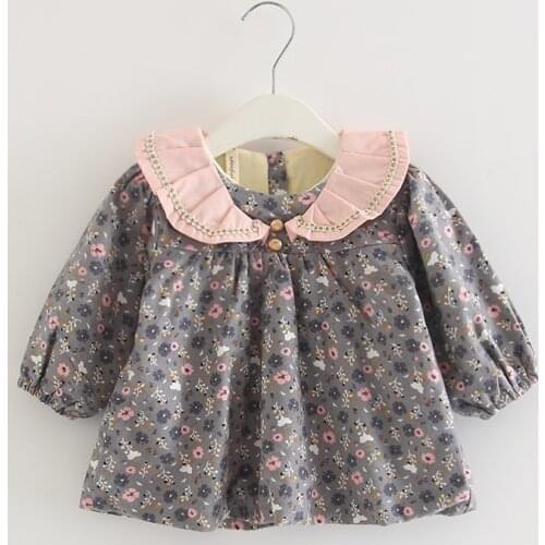 Cotton Thick Warm Kids Clothes Peter Pan Collar flowers print girls lantern sleeve dress baby dress girls clothing 0-2Y
