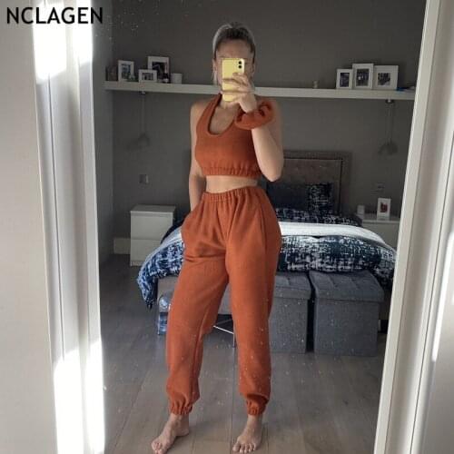 NCLAGEN Women Sweatpants Set 2021 New Streetwear Backless Halter Tank Crop Top Loose Joggers Casual Pants Athleisure Suit Outfit
