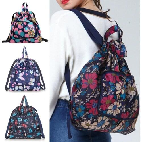 Hot Sales!!! Foldable Flower Print Nylon Drawstring Waterproof Large Capacity Backpack Handbag for Shopping