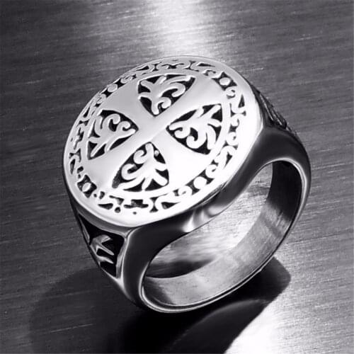 Knights Templar Luck Cross Crusader Men Ring Seal Punk Rock Hip Hop Titanium Stainless Steel Male Ring Wedding Band Biker DAR253
