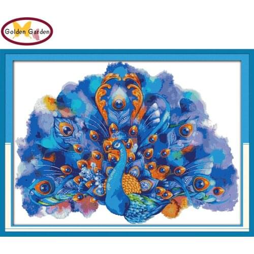 GG Blue Peacocks Cross Stitch Pattern Handmade Craft Needlework Embroidery Kit Joy Sunday Animal Cross Stitch Set for Home Decor