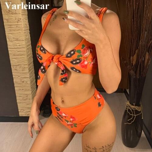 New Sexy Cross V Neck Knotted Bikini Set Swimwear Female Swimsuit High Waist Bikini Women Flower Print Bather Bathing Suit V572