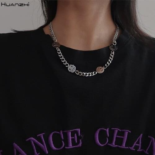HUANZHI Stainless Steel Punk Smiley Sad Pendant Chain Expression Hip Hop Silver Color Harajuku Necklace For Women Men Jewelry