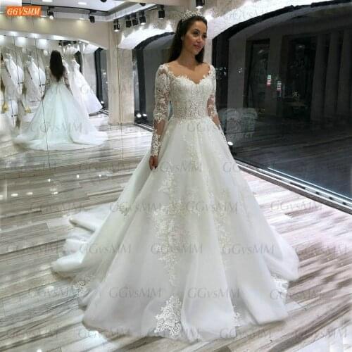 Gorgeous White Wedding Dress Long Sleeves 2021 vestido de noiva Lace Appliqus Court Train Bridal Gown Custom Made robe de mariée