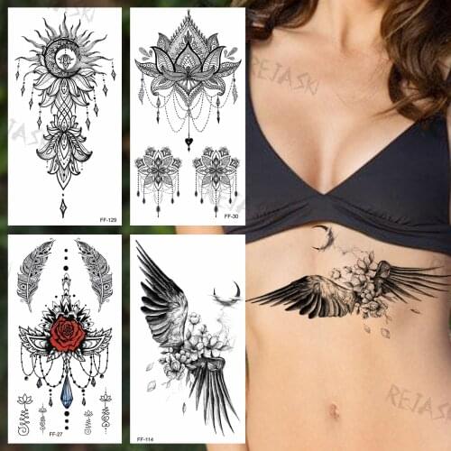 Wings Moon Temporary Tattoos For Women Adults Realistic Pendant Rose Feather Henna Fake Tattoo Sticker Waist Arm Tatoos Charming