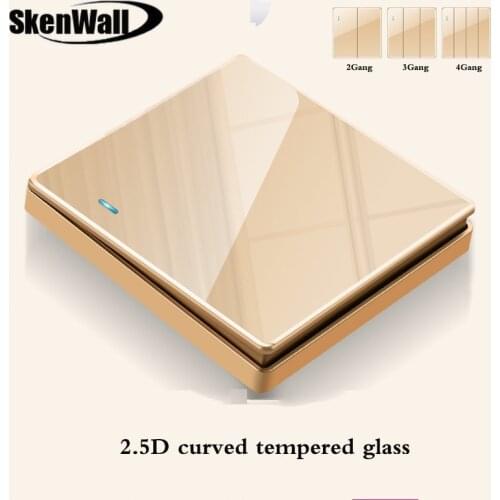 High-grade 1 2 3 4 gang 1 2 Way Big Panel Golden switch socket Type 86 Wall 2.5D Cambered Mirror Tempered glass Computer TV