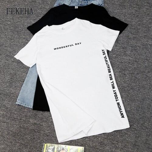 FEKEHA Summer T-Shirt Women Side Split Sexy Long T shirt Women 2020 New Letter Print Black White Cotton Harajuku Tops