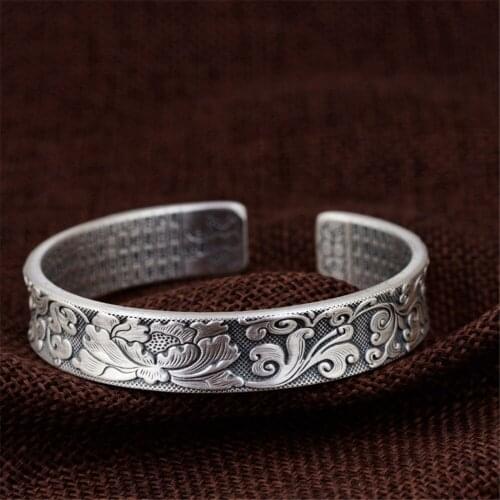 HFANCYW New Pure 990 Sterling Silver Retro Thai Silver Craft Buddhist Culture Heart Scripture Bracelet Women Open Peony Bangle