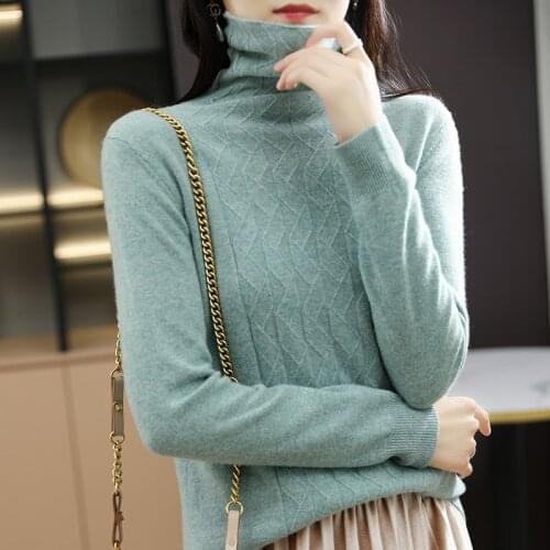 Autumn and winter new pure wool knitted pullover womens high neck long sleeve loose large size solid color bottoming shirt
