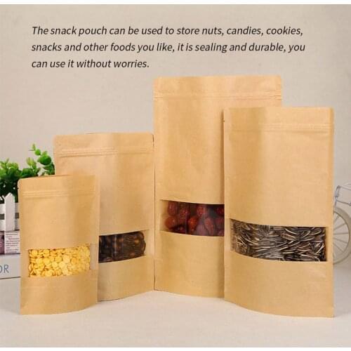 10pcs Snack Bags Kraft Paper Window Candy Bags Sealing Portable Cookie Bread Pouches Kitchen Food Storage Bag