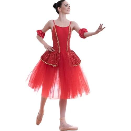 Red Sequin Spandex Bodice with Tulle Skirt Ballet Costumes Long Romantic Tutu Woman & Girl Ballet Dress Ballerina Tutu 18702