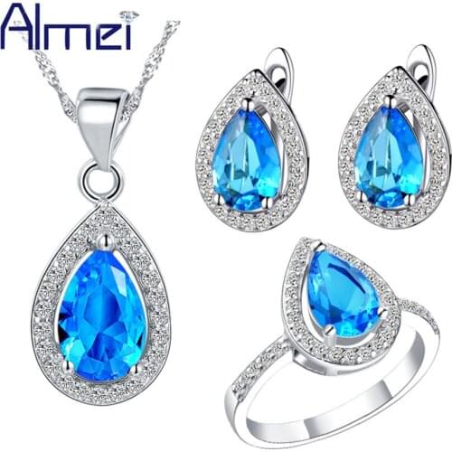 Almei Wedding Dubai Jewellery Sets Silver Color Necklace Set Women Red Blue Crystal Earring Ring Indian Jewelry Set Bijoux T246
