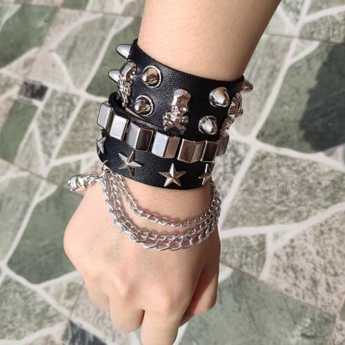 Skull Bracelet Hot Punk Harajuku wristband tassel black PU Leather Star pattern Choker bar Goth can be adjusted Skeleton Jewelry