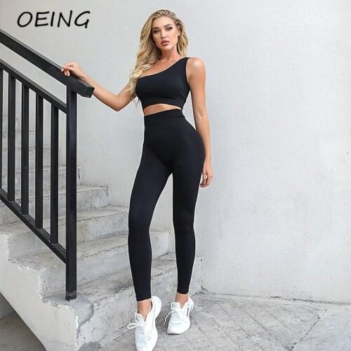 Quick Dry Seamless Workout Sport Sets Yoga One Shoulder 2 PC Tights Crop Top Leggings Set Jogging