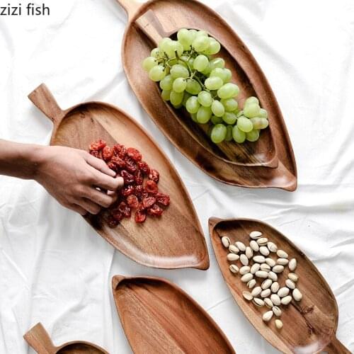 Acacia Wooden Serving Trays Coffee Table Food Organizer Leaf Shaped Plates Cupcake Snacks Dessert Tray Kitchen Storage Shelves