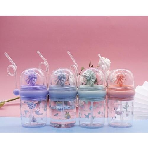 250ml Kids Cartoon Print Windmill Baby Feeding Bottle Drinking Cup with Straw Travel Portable Children Water Drinking Kettle