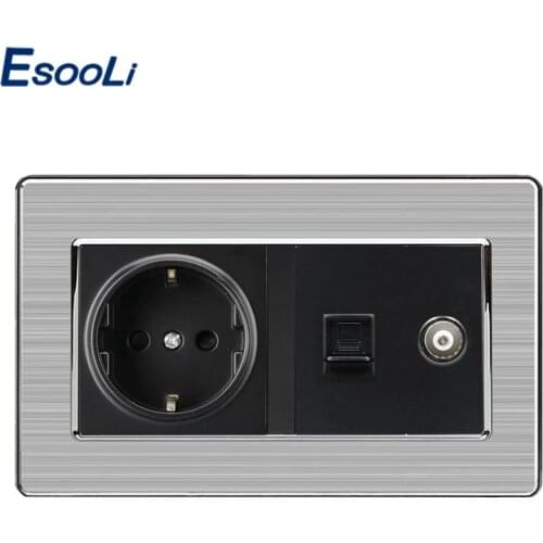 Esooli EU Standard Wall Socket+Female TV Jack With Internet Computer Data RJ45 CAT5E Connector Stainless Steel Brushed Panel